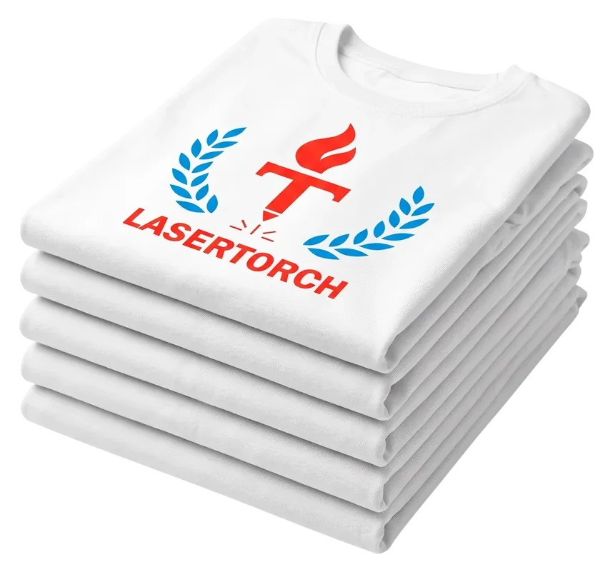 Custom apparel and heat press: folded Lasertorch-branded white t-shirts, Orlando
